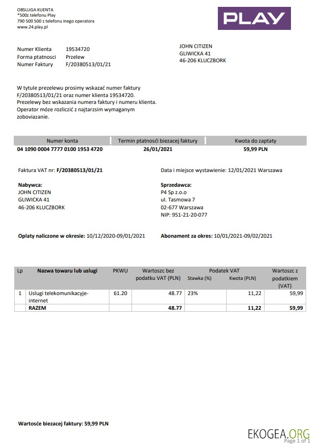 Poland Play utility bill template in word and pdf format template